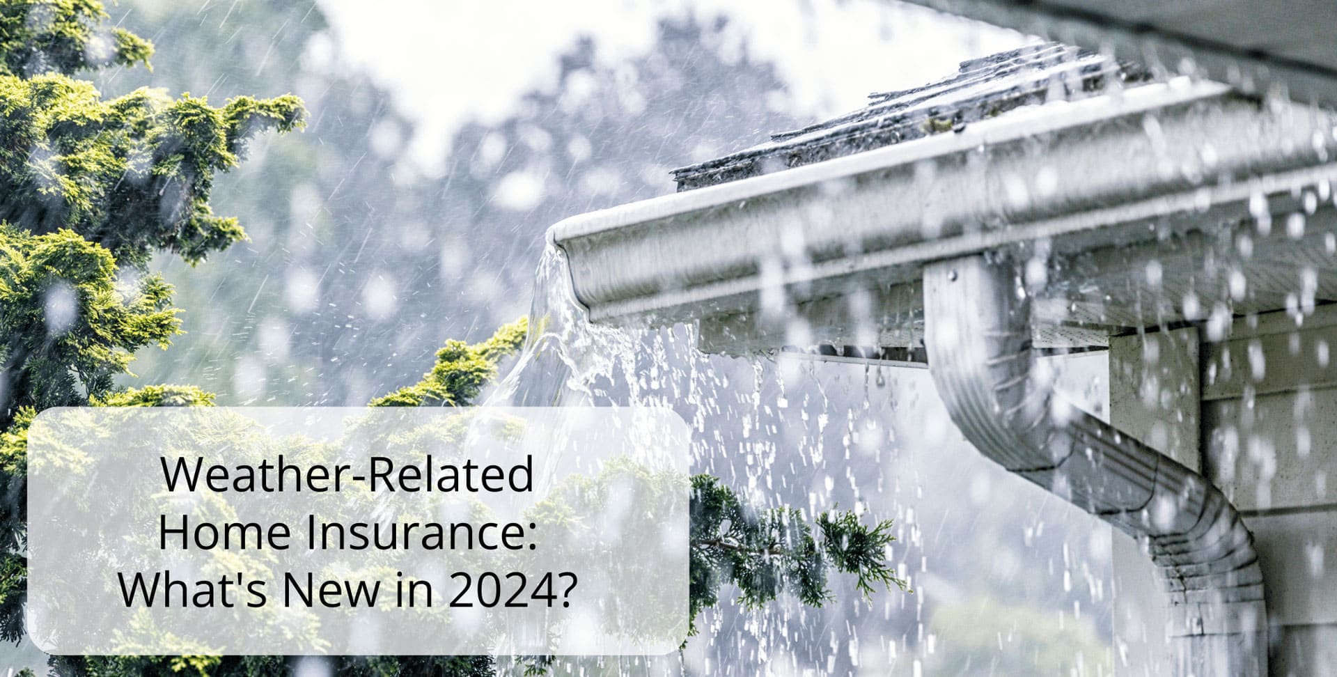 Heavy rain pours off a house roof and overflows from the gutter, with trees in the background. Overlay text reads: Weather-Related Home Insurance: Whats New in 2024?.