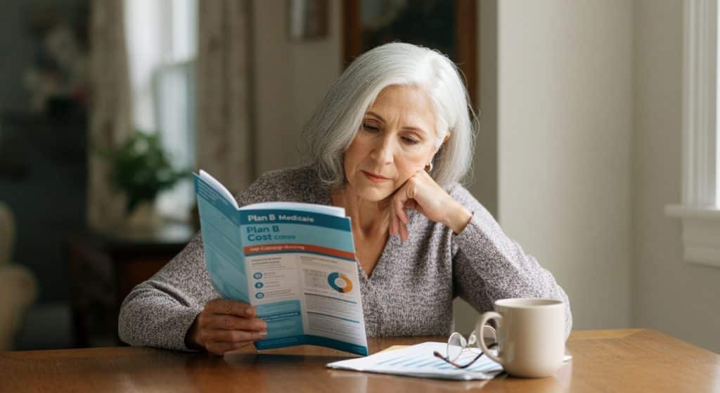 An older woman with gray hair sits at a table, reading a Medicare information booklet she received from her local insurance agent. A coffee mug, paperwork, and eyeglasses rest on the table as natural light streams in through a nearby window.