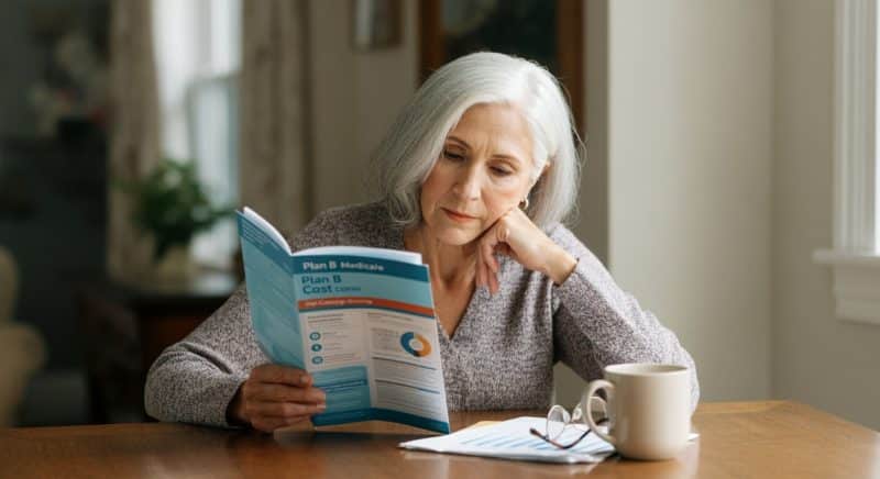 An older woman with gray hair sits at a table, reading a Medicare information booklet she received from her local insurance agent. A coffee mug, paperwork, and eyeglasses rest on the table as natural light streams in through a nearby window.