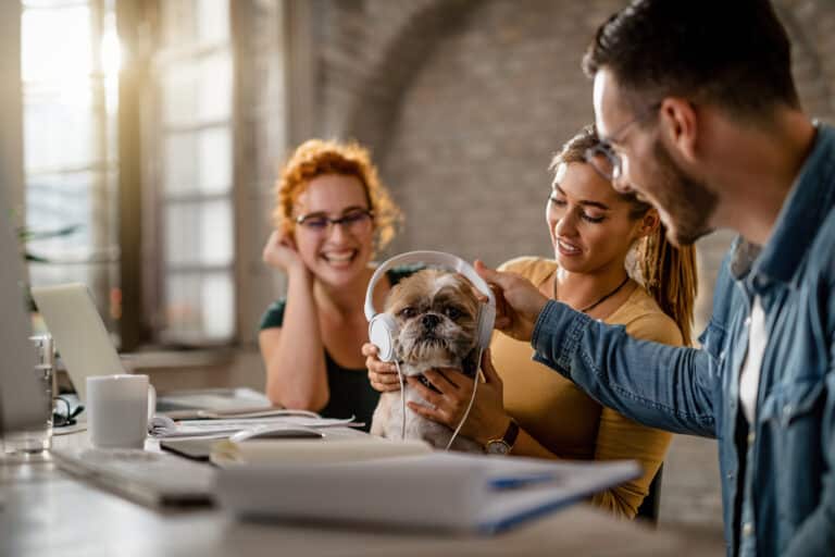 Three smiling people sit at a desk with papers and laptops, putting headphones on a small brown dog. Sunlight streams through windows in the background, creating a cheerful office atmosphere—perhaps they’re debating, “Is Pet Insurance Worth It?” as they enjoy this lighthearted moment with their furry coworker.